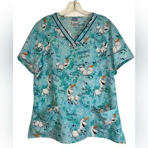 Disney Olaf Frozen Scrub Top Unisex Size L Stretch Print Medical Unicorn Pocket